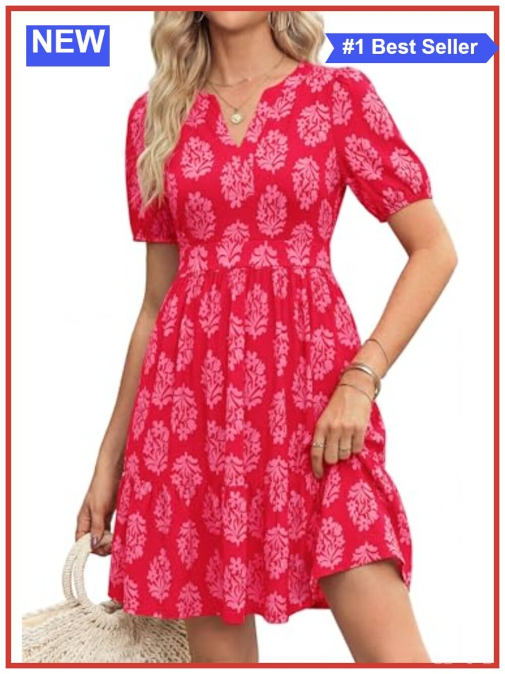 Womens Floral Boho Mini Dress V Neck Puff Sleeve A Line Summer Beach Vacation